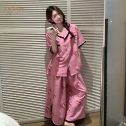 宫蝶 凉感型 女士短袖九分裤蕾丝边家居服