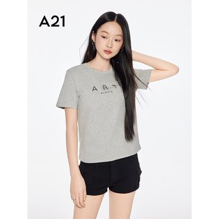 A21 印花字母宽松显瘦圆领中长款落肩袖女士T恤