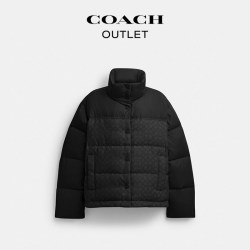 COACH 奥莱女士经典标志老花短款羽绒服外套冬季保暖通勤