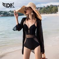 DK 泳衣女新款小胸性感聚拢三角连体泡温泉游泳装保守遮肚显瘦 XL