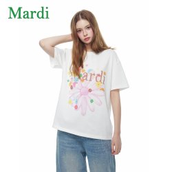 玛尔帝 彩菊印花短袖T恤女白色圆领宽松百搭时尚上衣植物花卉女装