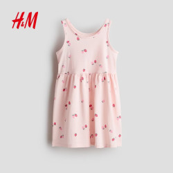 H&M 童装儿童女童裙子夏季洋气无袖可爱印花棉质连衣裙1157735 浅粉色/草莓 150 76 (10-12Y)
