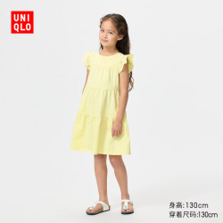 优衣库 童装女童拼接连衣裙/短袖裙子483390 42 浅黄色 140