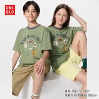 优衣库 童装男童女童AIRism棉混纺印花圆领T恤/短袖483425 56 橄榄色 160