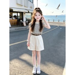 诺佳微淇 女童夏季休闲套装2026新款儿童洋气条纹T恤夏装宽松短裤两件套潮 套装+腰带 140
