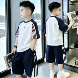 开米熊 男童夏装短袖套装2026新款儿童夏季运动拼色两件套帅气衣服中大童 白色 160 码建议身高155cm左右