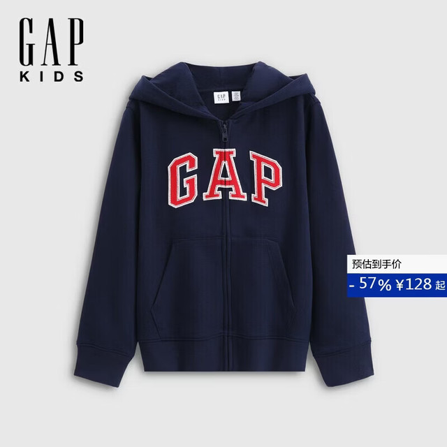 Gap 男女童2026春季新款贴布绣logo宽松拉链连帽卫衣儿童装860919