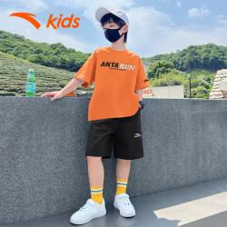 安踏 男童运动套装夏装冰丝速干短袖短裤两件套T恤五分裤儿童衣服 橘T黑裤8111J 150