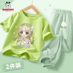 巴布豆 童装女童套装2026新款儿童多巴胺纯棉短袖女宝夏装防蚊裤绿+绿140