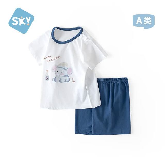舒贝怡 婴儿衣服儿童短袖套装夏季男女宝宝纯棉短裤两件套外出服藏青90
