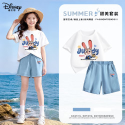 迪士尼 政府补贴:迪士尼（Disney）女童套装新款女孩洋气短袖天丝短裤  朱迪警官白T+兔奔跑蓝K  120