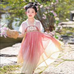 南木熊 汉服女童2026新款古风连衣裙超仙小女孩国风唐装儿童夏季古装裙子 落樱粉