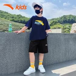 安踏 男童夏装运动套装旗舰儿童速干短袖短裤大童童装白色T恤 蓝/黑2 针织裤 150 cm