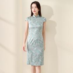 今典 女春夏国风钉珠印花侧开叉旗袍婚宴礼服