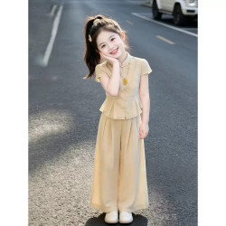 兜兜王国 女童国风套装2026新款女孩夏季新中式汉服唐装儿童短袖阔腿裤夏装 杏色套装  150