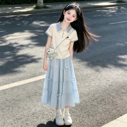 童话课堂 女童夏装套装巨好看甜妹儿童花边半袖T恤白色蛋糕半身裙女大童装
