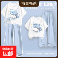 女童短袖T恤2026新款夏套装女大童初中生巨好看的洋气薄款裤子夏 白色短袖-蓝色奶芙裤 160