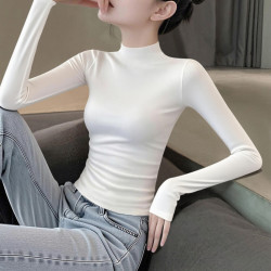 无品牌 女士莫代尔半高领长袖打底衫秋冬加绒修身显瘦百搭T恤