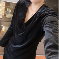 早春款V领垫肩侧开叉显瘦丝绒中长款修身衫