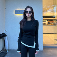 娴柔 假两件长袖t恤女2026新款撞色修身内搭打底衫开叉下摆不规则上衣