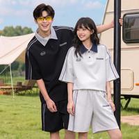 I.T CHOCOOLATE夏POLO领短袖条纹弹力松紧短裤情侣套装