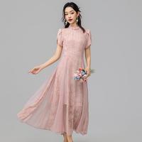 一电影一时装 2026夏季新中式改良旗袍连衣裙珍珠短袖立领女士