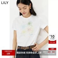 LILY 设计感撞色绣花图案通勤正肩圆领短袖T恤