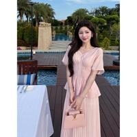 GA盈瓷 芭乐粉 收腰压褶短袖T恤女夏季气质显瘦百搭衬衫高级感时尚减龄