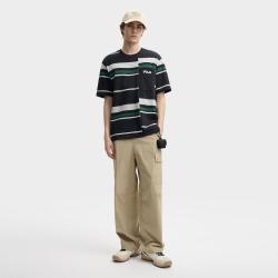 FILA 男装休闲条纹上衣纯棉T恤男士圆领针织短袖衫