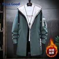 NASA GOOD 加绒夹克男中长款连帽外套男秋季宽松户外风运动衣服装潮 绿M