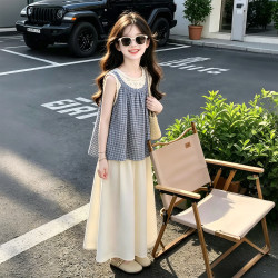 诺佳微淇 女童格子假两件裙裤套装2026新款夏季女孩甜美风背心阔腿裤两件套 图片色 140