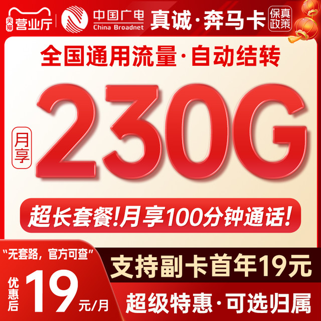 中国广电 大流量卡首年19元192G长期丨首年19元230G长期可开副卡+流量结转+副卡共享流量