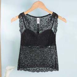 夏娃之秀 夏.娃.之.秀背心女性感蕾丝打底内搭V领舒适外穿无袖吊带美背裹胸法式 黑色(J4015) M