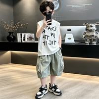 迈兜熊 男童背心套装夏装2026新款儿童夏季童装酷帅中大童无袖两件套薄款 白色  160