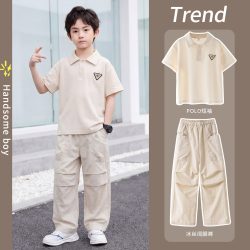 McTicco 男童夏季套装儿童短袖polo衫2026新款卡其色夏装大童帅气时髦童装