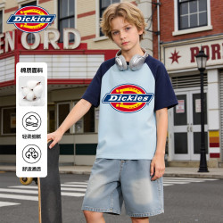 Dickies 男童t恤短袖2026新款夏季男孩纯棉半袖上衣儿童夏装衣服 斯标晴蓝 140
