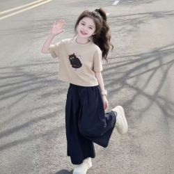 小咕嘟熊 女童夏季套装2026新款儿童童装印花猫咪T恤上衣时尚阔腿裤两件套 杏色 130