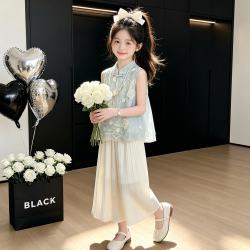 诺佳微淇 女童夏季国风汉服套装2026新款儿童洋气上衣夏装女孩阔腿裤两件套 淡蓝色 150