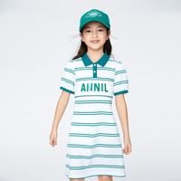 安奈儿 童装女童polo连衣裙夏纯棉AG423799 白绿条 130