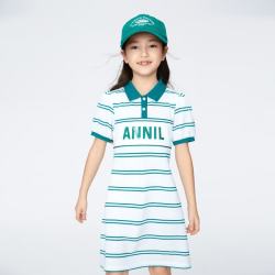 安奈儿 童装女童polo连衣裙夏纯棉AG423799 白绿条 130