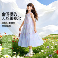 安奈儿 童装女童夏款天丝布亲肤轻薄多彩晕染连衣裙 粉底花 160