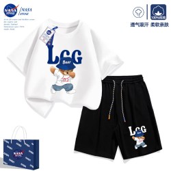NASA STONE 男童夏装套装2026年新款小熊短袖t恤纯棉夏季男孩运动服上衣服 白色+黑裤子 130 130cm