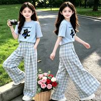 开米熊 女童夏季套装2026新款夏装中大儿童休闲格子裤两件套小女孩衣服潮 蓝色套装 160 码建议身高150cm左右