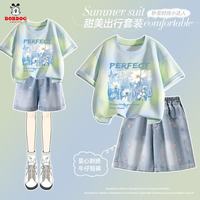 巴布豆 童装女童夏季套装2026新款洋气儿童纯棉短袖女孩牛仔短裤蓝+蓝120