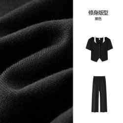 森马 [商场同款]森马套装女假两件短上衣直筒长裤2025秋新款黑色两件套