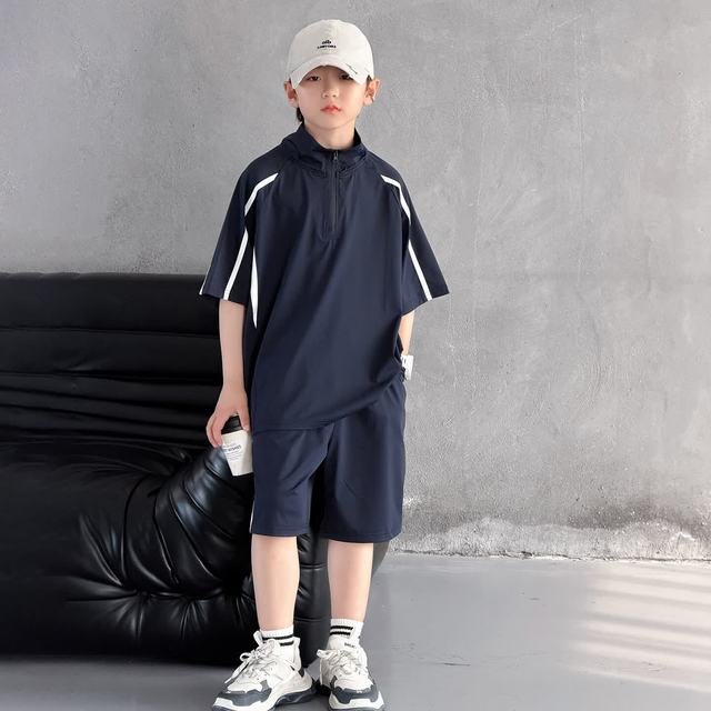 贝孩趣 童装胖童男童夏季套装2026新款儿童中大童男孩夏天短袖中裤两件套