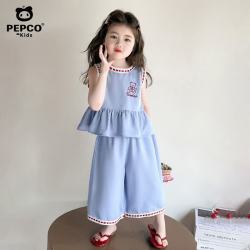 小猪班纳 女童夏装网红套装新款洋气小女孩花边背心阔腿裤儿童甜美两件套 无袖花边套装 14