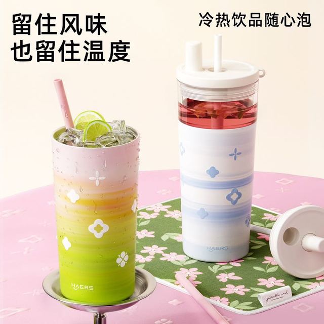 HAERS 吸管保温杯女生咖啡杯泡茶水杯便携车载杯子 530ml