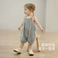 巴厘小猪 宝宝吊带连体衣夏季薄款棉纱布吊带外穿哈衣小月龄夏款婴儿衣服 蓝白格 90cm