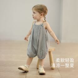 巴厘小猪 宝宝吊带连体衣夏季薄款棉纱布吊带外穿哈衣小月龄夏款婴儿衣服 蓝白格 90cm